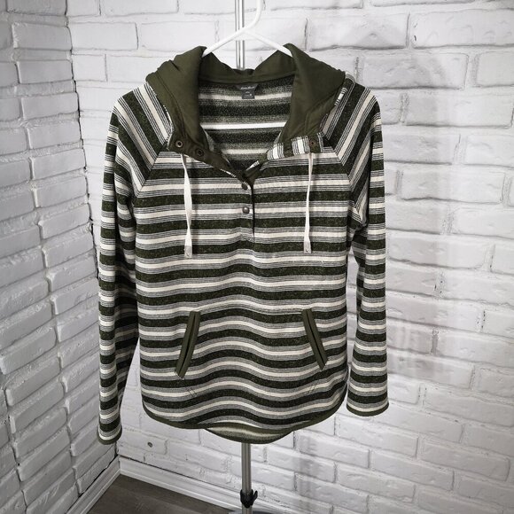 Eddie Bauer Ladies Size Medium Army Green/Off White Striped Fleece Lined Hoodie - Picture 1 of 13